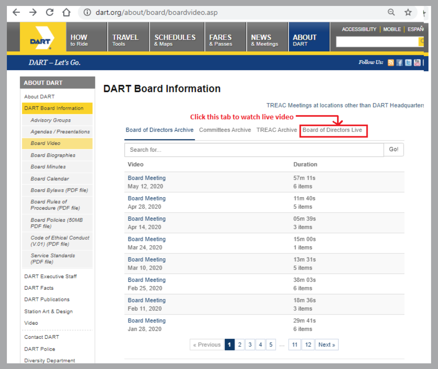 DART Board Information Page_Live Videos DART Board Information Page_Live Videos