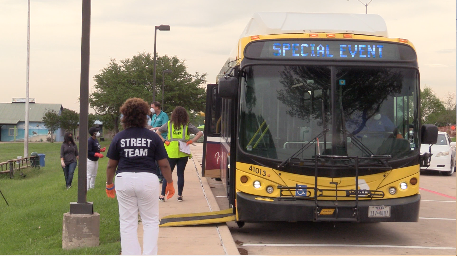 The first DART busload of food arrived for distribution at 11 a.m. Thursday, April 9, at Thurgood Marshall Recreation Center in Dallas.